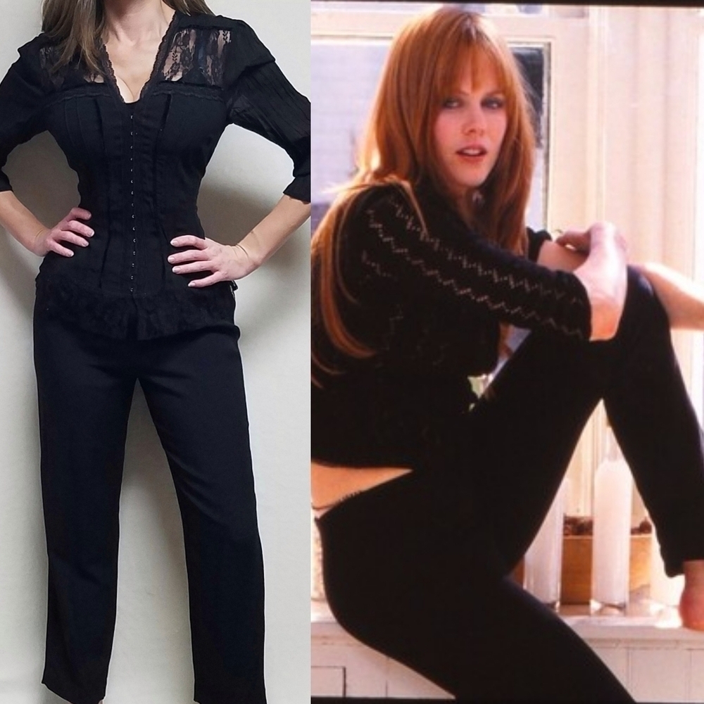 VINTAGE 80s Positive Attitude Black Lace Chiffon Blouse High Rise Pleated Pants